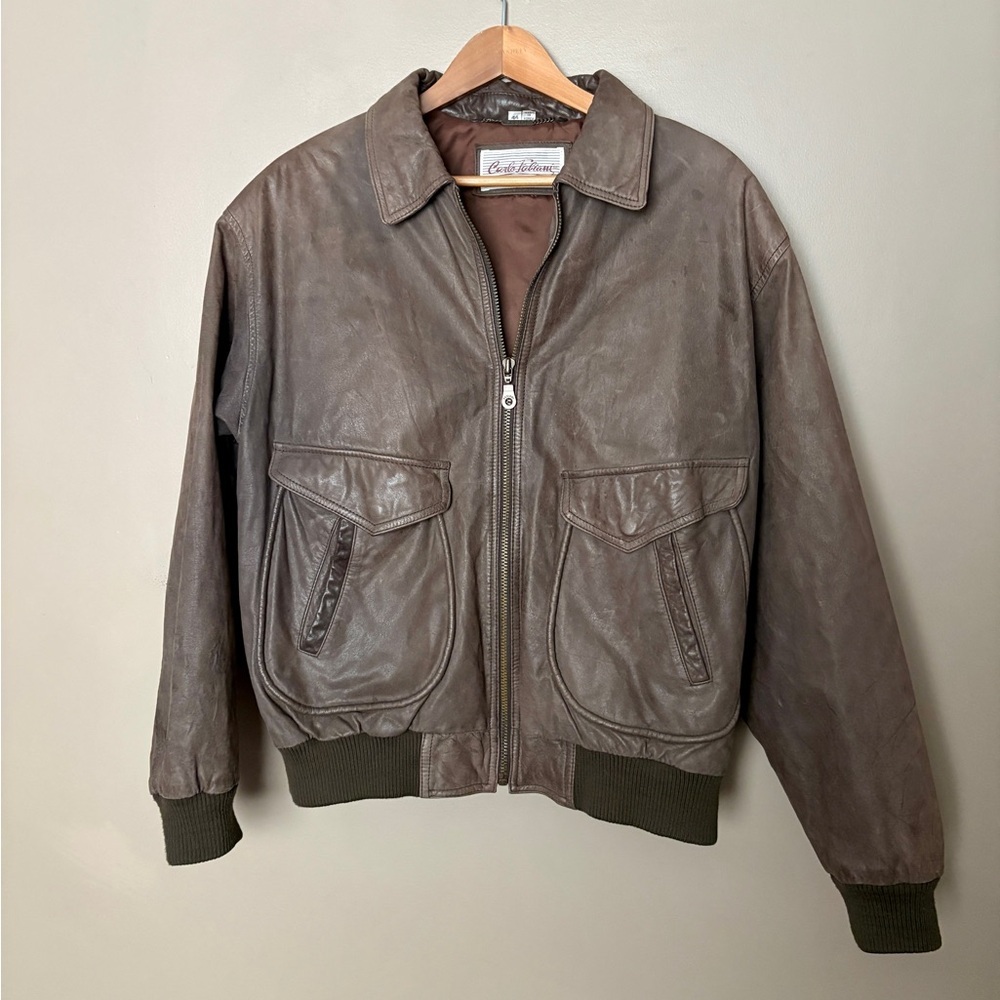 Vintage 90s CARLO FABIANI brown soft leather bomber jacket men’s sz 44 Korea EUC